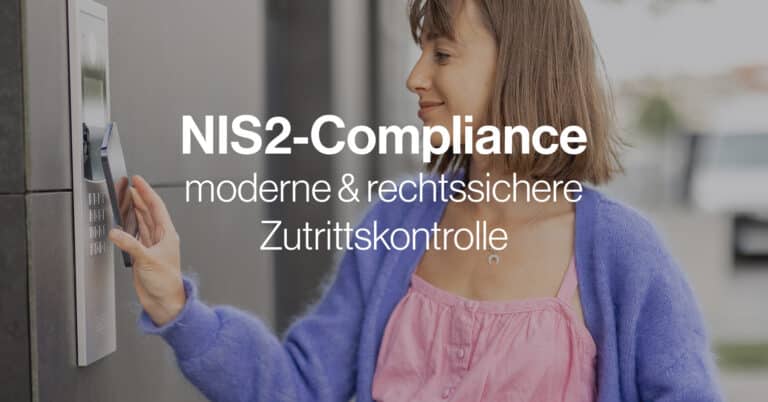 Frau mit Smartphone an Zutrittsterminal; Text: NIS2 Compliance, mderne und rechtssichere Zutrittskontrolle